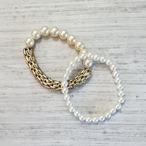 Set Of 2 Faux Pearl And Gold Tone Metal Stretch Bracelets